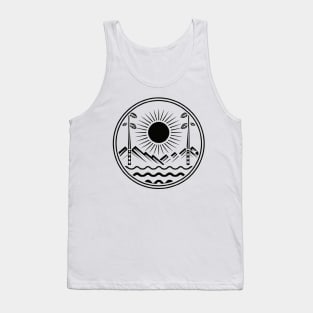 Lake, Tree, Mountains, and Sun (001 Black) Tank Top